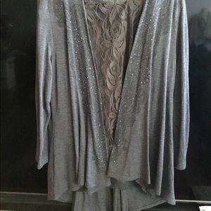 Grey lightweight sweater and lace short sleeved blouse 1X